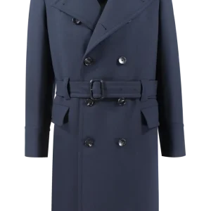 Cappotto doppiopetto con cintura in lana blu
