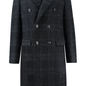 Cappotto doppiopetto in lana mohair nera a quadri