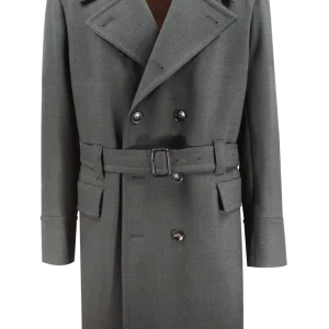 Cappotto doppiopetto con cintura in lana grigia