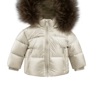 Piumino da neonato imbottito in piuma con inserti in pelliccia