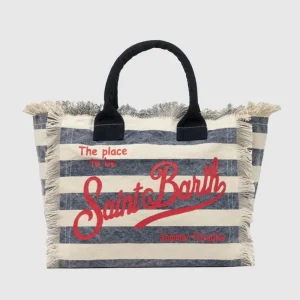 Vanity borsa tote in tela di cotone a righe blu